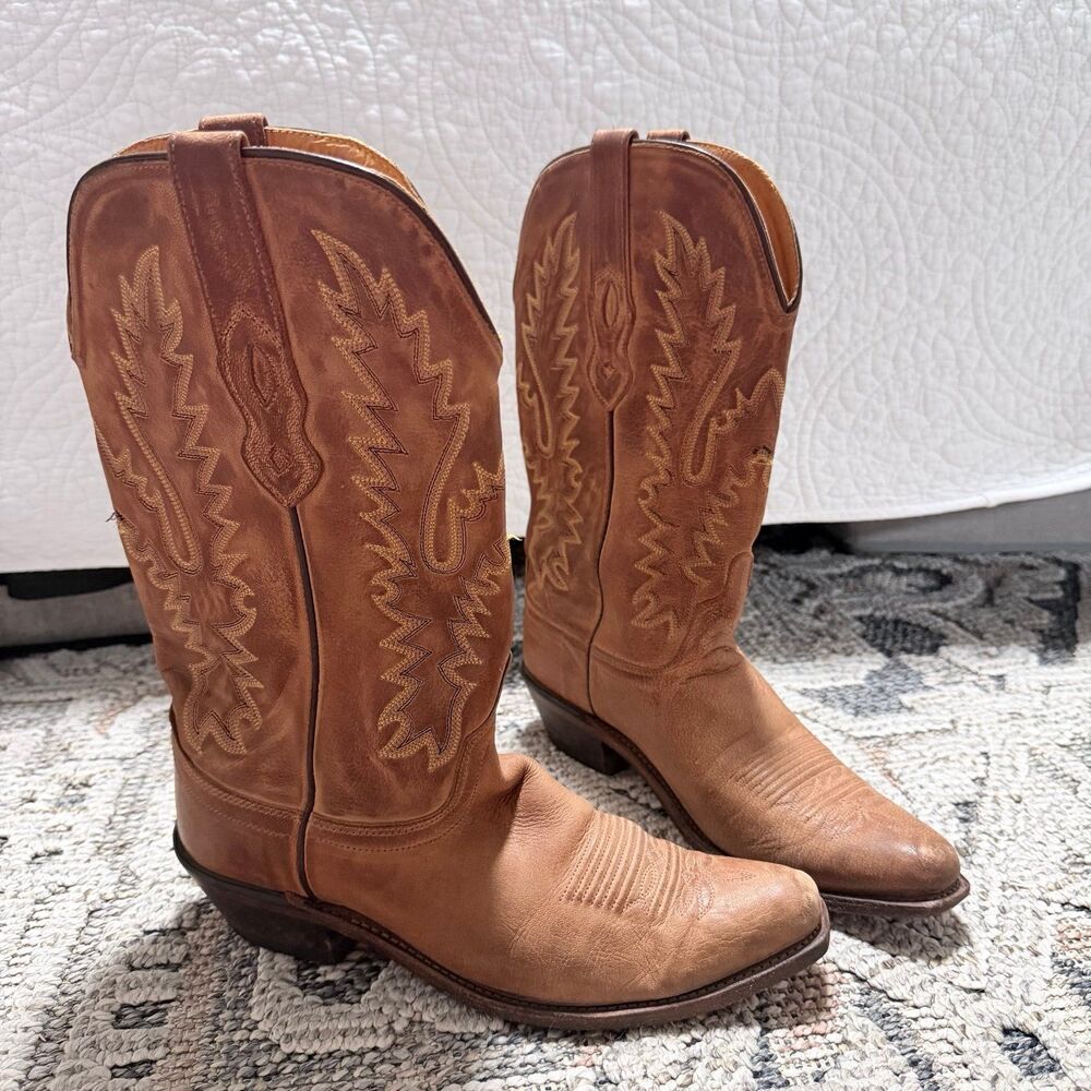 OLD WEST WOMENS COWBOY BOOTS 8.5 BROWN ANTIQUE LEATHER SNIP TOE FANCY STITCHING - Picture 4 of 7